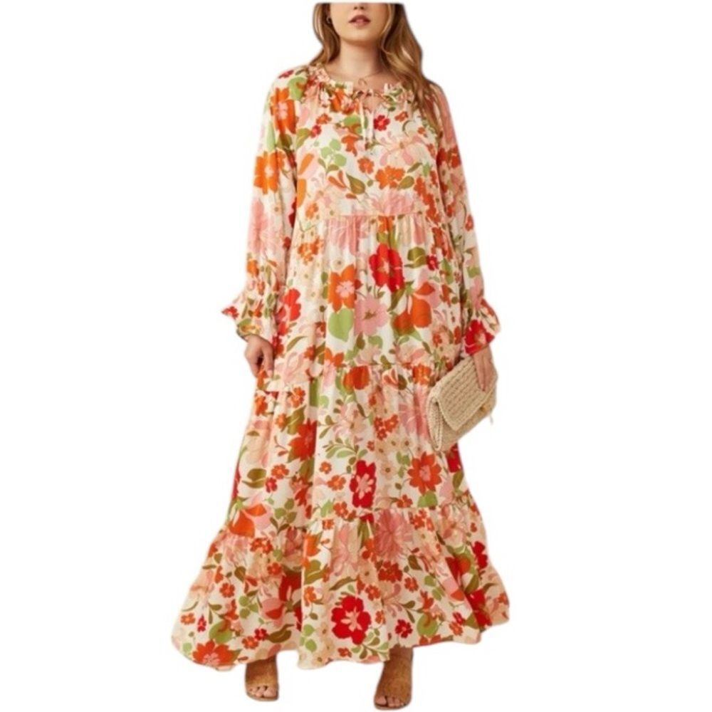 Hayden Satin Floral Print Tiered Bohemian Maxi Dress Sz S
